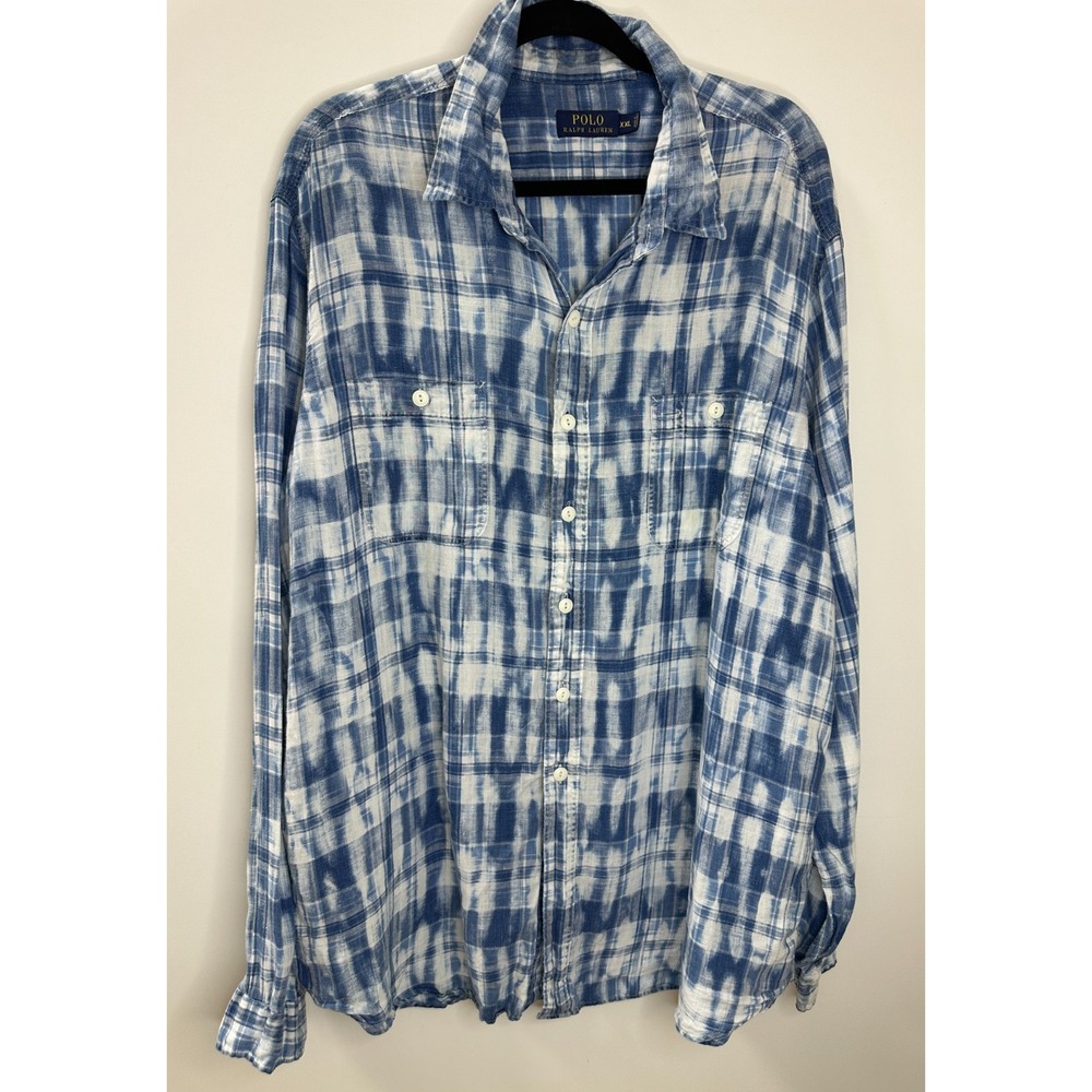 Polo Ralph Lauren 100% Linen Mens Blue White Tie Dye Plaid Button Down Shirt XXL - Picture 2 of 15